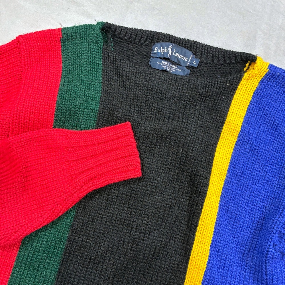 Ralph Lauren Womens Sweater L Multicolor Color Block Wool Crest VTG Boat Neck